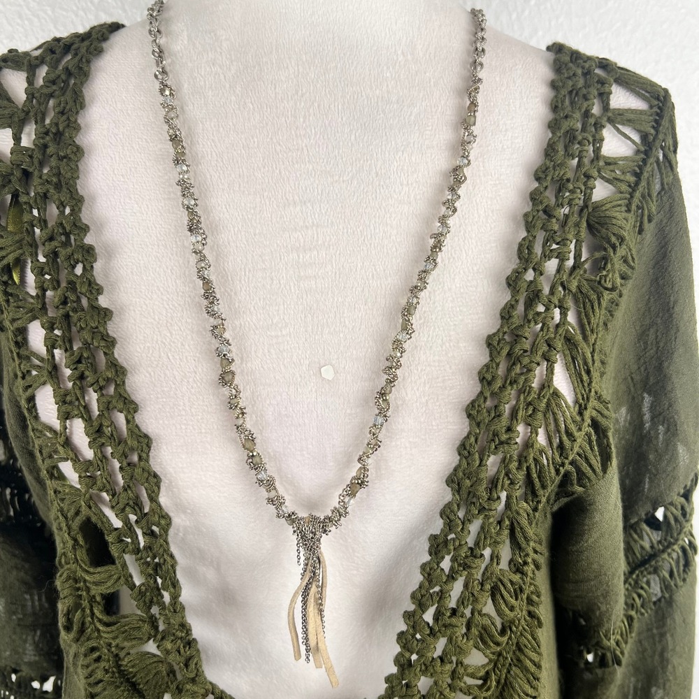 ☘️5/$25 Ann Taylor Loft Silver Tone Beaded Tassel Necklace Chic Boho Long Chains